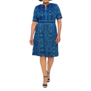 London Times cobalt blue and Navy bohemiam print Career Short Sleeve dress 14W